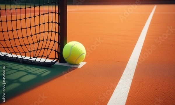 Fototapeta Tennis ball by net on sunlit orange court surface with sharp white lines
