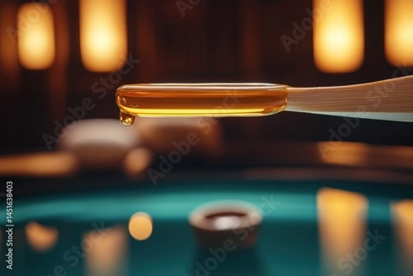 Fototapeta Wooden wax applicator hovering above warm amber wax in spa setting Generative AI