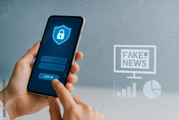 Fototapeta AI generated image of hand holding smartphone showing login screen overlaid with fake news detection infographics and misinformation warning alerts for digital media literacy concepts