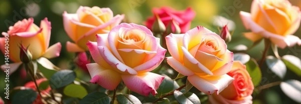 Fototapeta Vibrant yellow and pink roses in sunlit garden landscape