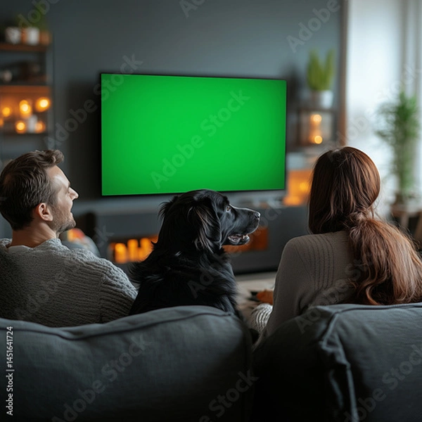 Fototapeta A man, woman and dog are sitting on a couch in front of a green screen television. The man is smiling and the woman is looking at the dog. Scene is happy and relaxed
