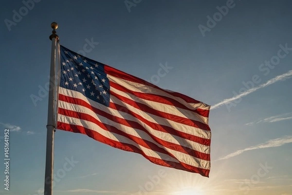 Obraz Waving American flag against a clear sky.