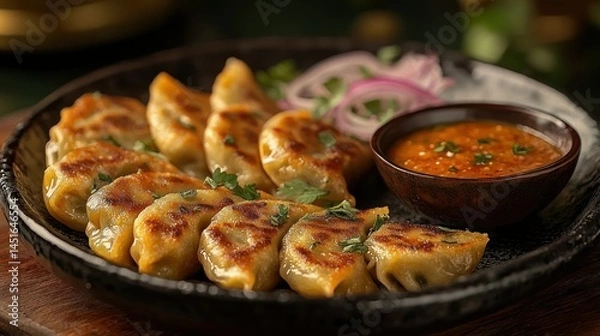 Obraz Crispy dumplings, served with spicy sauce