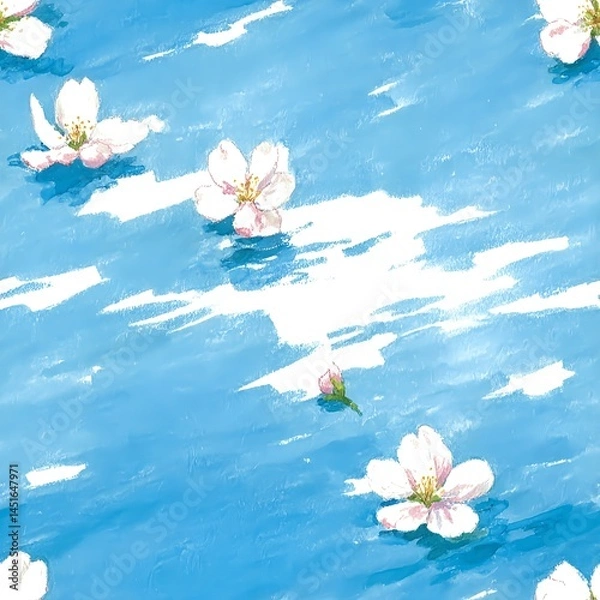 Fototapeta Seamless pattern of water with white sakura petals, moiré shading, prismatic dew, and colored pencil texture
