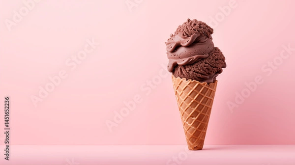 Obraz Close up of chocolate ice cream cone isolated on light pink background with text space.