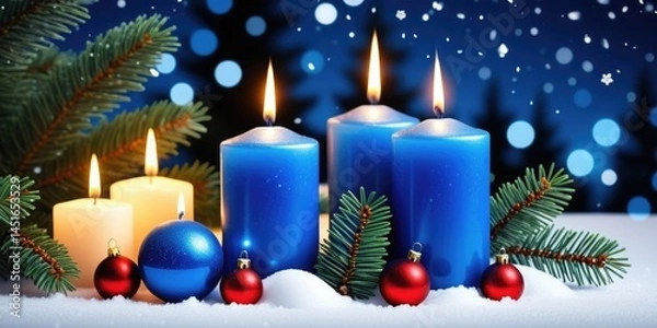 Fototapeta Festive blue candles with pine branches and baubles in a winter wonderland