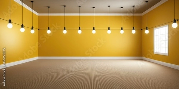 Fototapeta Spacious bright room with yellow walls and modern pendant lighting