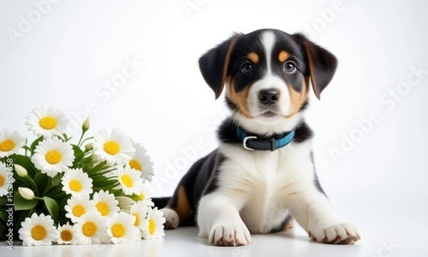 Fototapeta Playful puppy with daisy bouquet on a white background