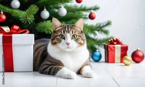 Fototapeta Festive tabby cat relaxing by christmas tree with colorful ornaments and gift boxes