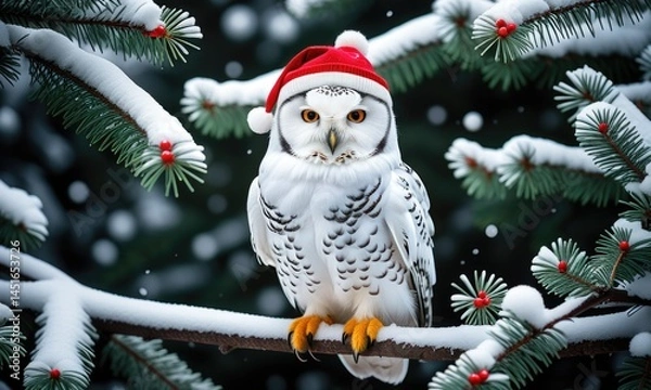 Fototapeta Snowy owl in festive santa hat perched on snowcovered pine branch in winter wonderland