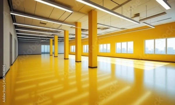 Fototapeta Modern empty office space with yellow accents and large windows