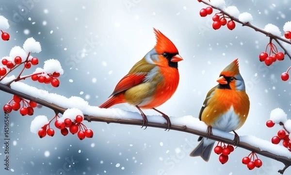 Fototapeta Vibrant cardinals perched on snowy branches with red berries in winter wonderland