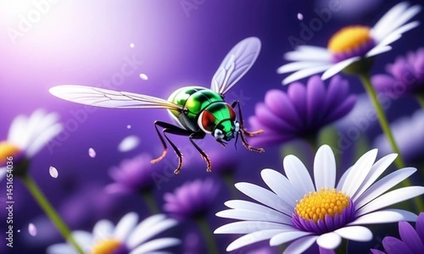 Fototapeta Vibrant green beetle hovering above purple and white daisies in sunlit spring bloom