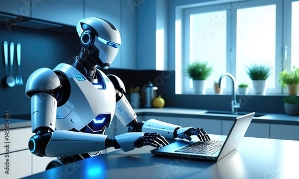 Fototapeta Futuristic robot working on a laptop in a modern kitchen setting