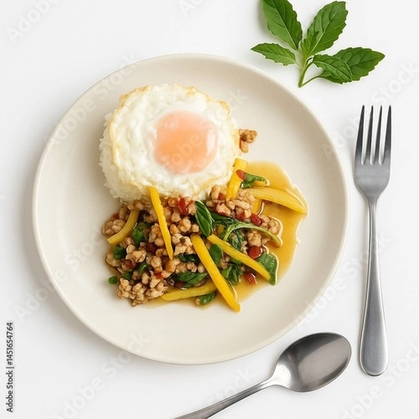 Fototapeta Stir fried Thai basil with minced pork and a fried egg