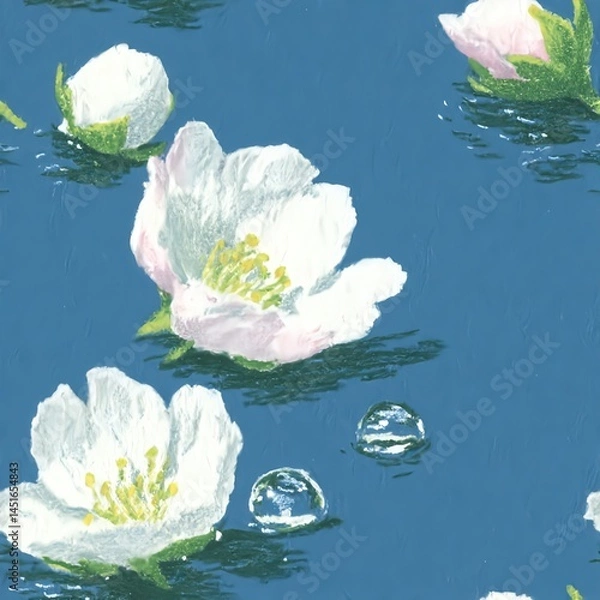 Fototapeta Seamless pattern of water with white sakura petals, moiré shading, prismatic dew, and colored pencil texture