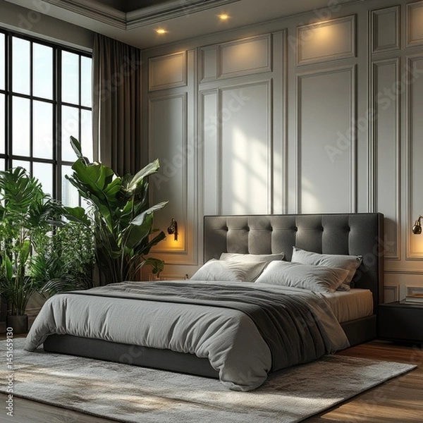 Fototapeta Modern bedroom, sunlight, plants, city view, interior design