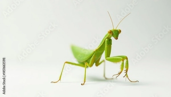 Fototapeta Single green praying mantis on stark white backdrop, insect, studio, arthropod