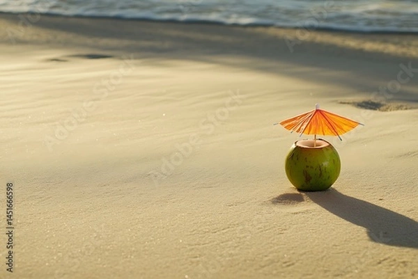 Obraz A Coconut Drink with a Tiny Umbrella Placed on a Glass in a Tropical Setting