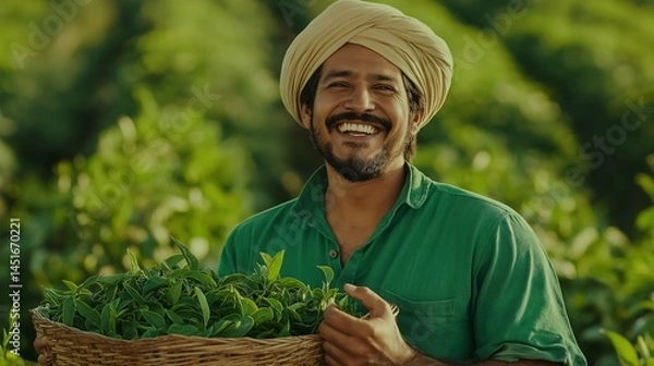 Obraz Indian farmer holding a basket full of tea leafs 