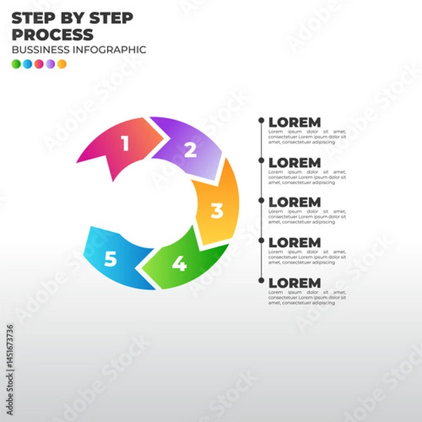 Obraz Colorful circular infographic with 5 steps. Modern vector for business process, workflow, or marketing cycle presentation