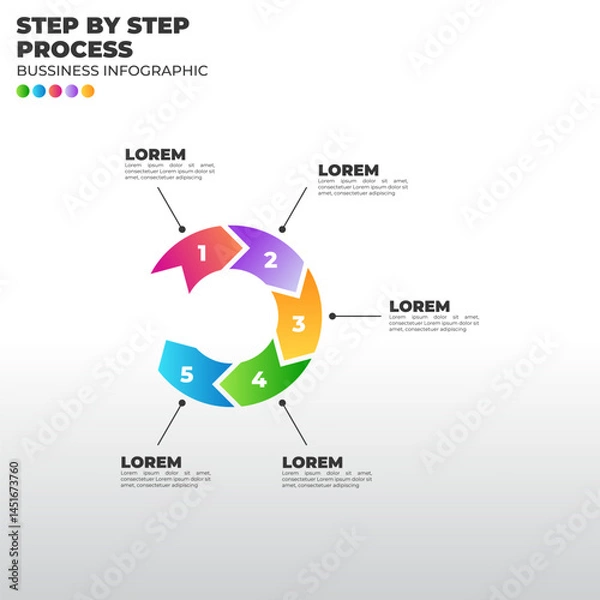 Obraz Colorful circular infographic with 5 steps. Modern vector for business process, workflow, or marketing cycle presentation
