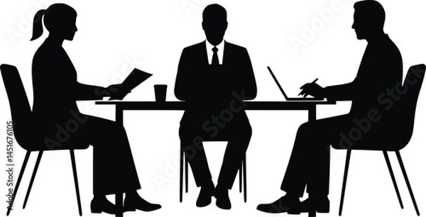 Fototapeta Silhouette of three professionals seated at a table, engaged in a business meeting or interview, with one person holding a document and another using a laptop