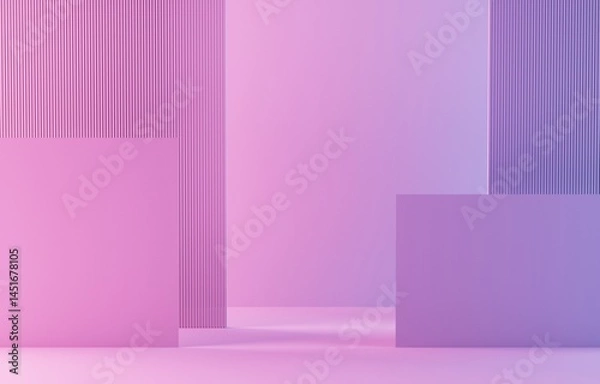 Obraz 3d render. Abstract geometric shapes in purple and pink tones create a modern artistic display in a minimalist setting