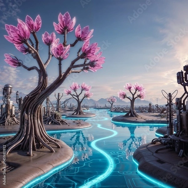 Fototapeta futuristic serene landscape with glowing water channels, pink flowers and mechanical structures for use in sci fi, nature themed, or technological projects