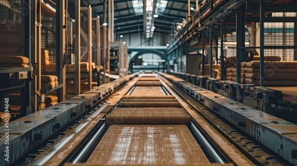 Fototapeta Une vaste usine de tapis roulants est bordÃ©e de rangÃ©es fraÃ®chement alignÃ©es. Dans la boulangerie Ã  la pointe de la technologie -