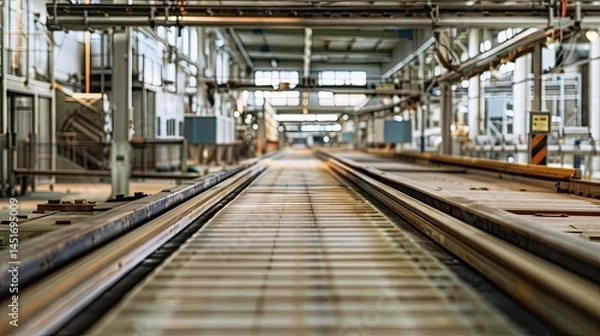 Fototapeta Une vaste usine de tapis roulants est bordÃ©e de rangÃ©es fraÃ®chement alignÃ©es. Dans la boulangerie Ã  la pointe de la technologie -