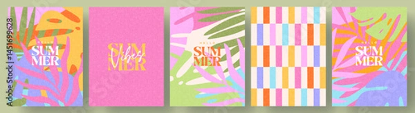 Obraz Creative concept of summer bright cards set with abstract tropical leaves. Modern art minimalist style design templates for celebration, ads, branding, banner, cover, label, poster, sales
