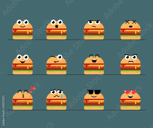 Obraz Flat Emoticon Cute Cheeseburger Set. 12 Different Looks