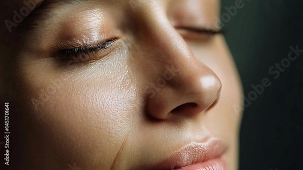 Fototapeta Close-Up of Serene Woman's Face with Relaxed Expression and Soft Natural Lighting Enhancing Skin Texture