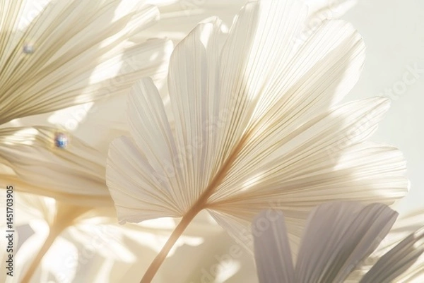 Fototapeta Close-up view of delicate, light cream palm fronds.