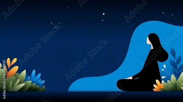 Fototapeta Serene Woman Meditating Surrounded by Colorful Flora and Starry Night Background in Digital Art Style