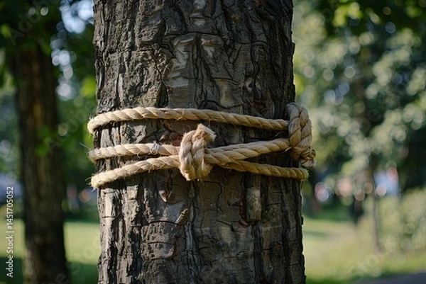 Obraz Rope Binding Around Tree Trunk in Natural Outdoor Setting
