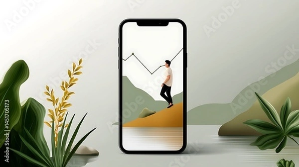 Fototapeta Person Standing on a Rock with Smartphone Displaying Data Trends Against Nature Background
