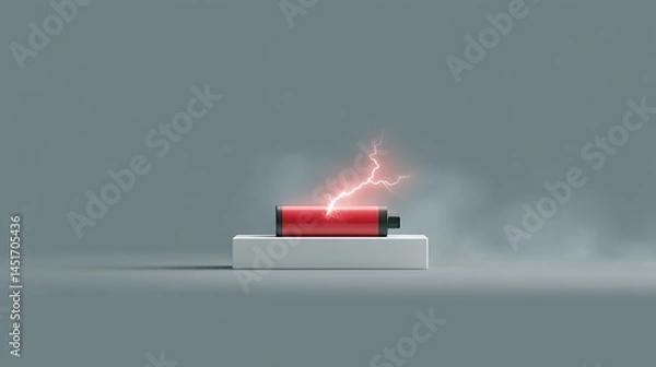 Fototapeta Vibrant Red Battery with Sparks and Lightning on Minimalist Background in Futuristic Style Aesthetic