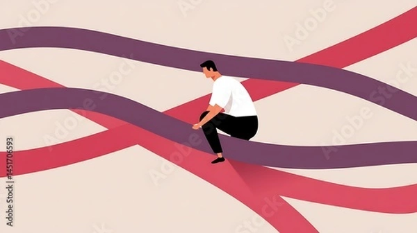 Obraz Man Sitting on Abstract Colorful Lines Represents Complexity and Choices in Life and Decision Making