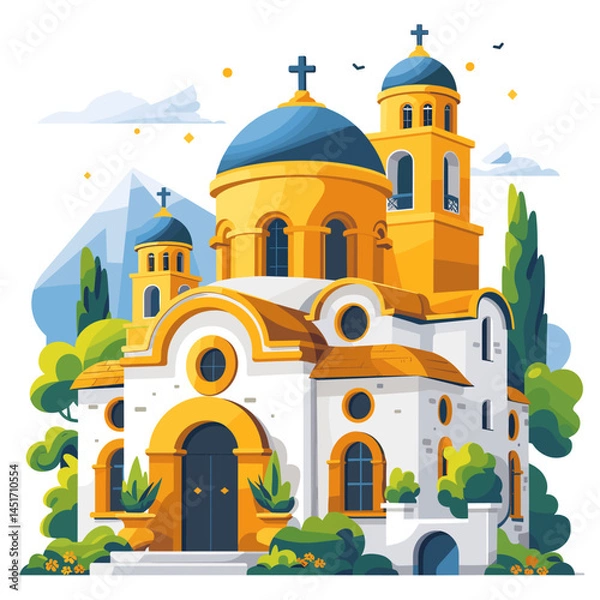 Fototapeta Vector illustration of a Greek Orthodox church against a mountain backdrop. Summer landscape of Santorini, picturesque architecture of Greece for a travel poster, guide, or postcard.