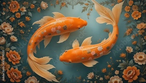 Fototapeta Elegant Koi Fish Swimming Amidst Blossoming Floral Arrangements and Soft Lighting