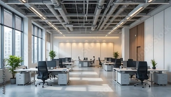 Fototapeta Modern open office space with minimalist design and abundant natural light