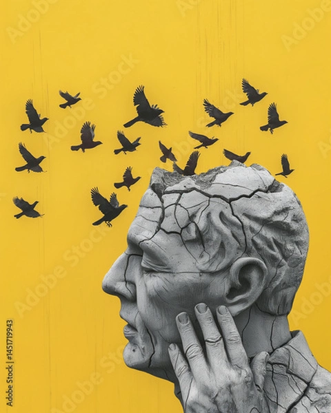 Fototapeta Concept of Free Thought. Gray sculpture with black birds flying from its mind, on yellow background. Contemporary art collage. Generative AI