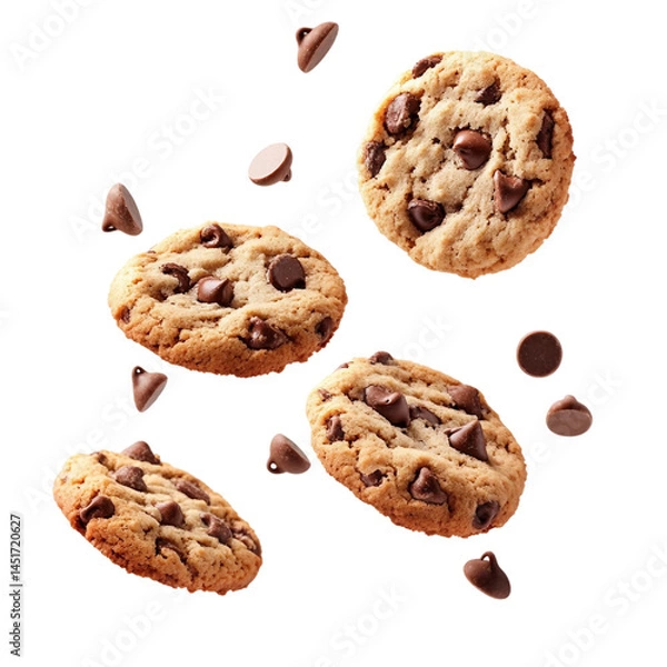 Obraz chocolate chip cookies floating falling isolated on a white background transparent png