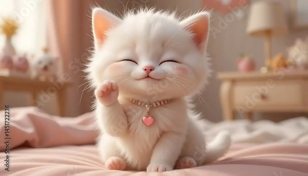 Fototapeta Enchanting white kitten greets with delicate charm in a soft pink haven