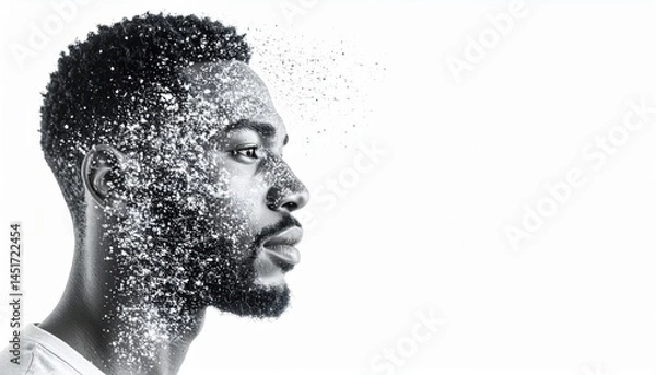 Fototapeta Transformative portrait of a man disintegrating into particles studio setting photography monochrome environment profile view concept of identity