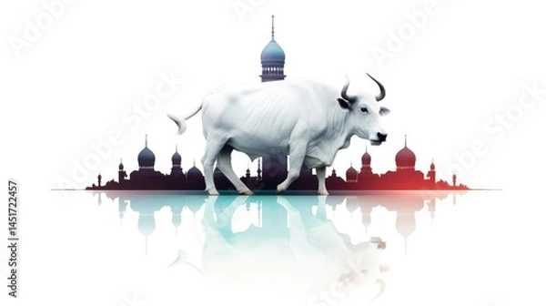 Fototapeta White Sheep and Taj Mahal Style Mosque for Eid al-Adha on white background
