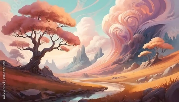 Fototapeta Enchanting ethereal landscape with pastel palette and otherworldly atmosphere