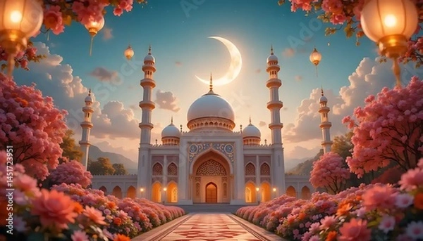 Fototapeta Enchanting Mosque Architecture with Crescent Moon and Floral Ambiance Scenery
